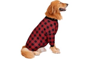 HDE Dog Pajamas One Piece Jammies Jumpsuit Pet Clothes Outfit Stretchy Lightweight Comfy Shirt Pjs for M-3XL Dogs Buffalo Plaid - XXL