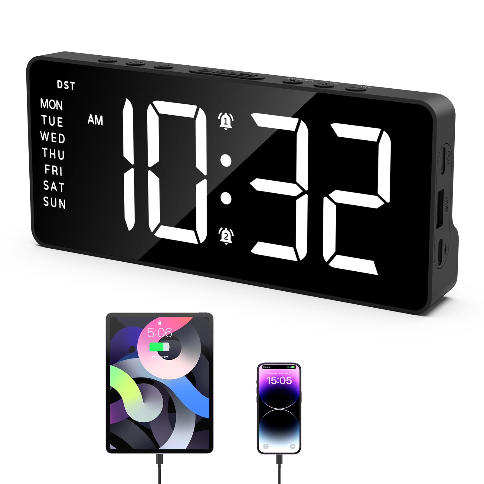 Photo 1 of ORIA Digital Alarm Clock for Bedroom, LED Alarm Clock with Large Display, Rechargeable Desk Clock with Date, Adjustable Volume Brightness, Snooze, Type-C Port, for Home Office Living Room