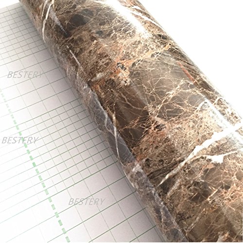 BESTERY Brown Look Marble Self Adhesive Gloss Vinyl Wrap Film Kitchen Contact Paper Peel Stick Wallpaper Decor Shelf Liners 24''x79'' (Brown)