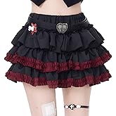 RILGOU Kawaii Goth Lolita Vintage Casual Elastic Waist Color Blocking Red Lace Trim Pleated Tiered Skirts for Women
