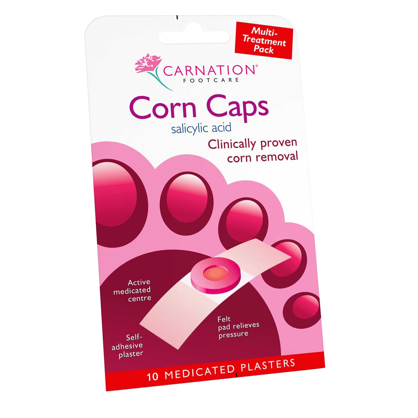Carnation Footcare Corn Caps x 10, all-in-one, Salicylic Acid paste with soft felt corn ring. Relieves pressure and pain. One step application.