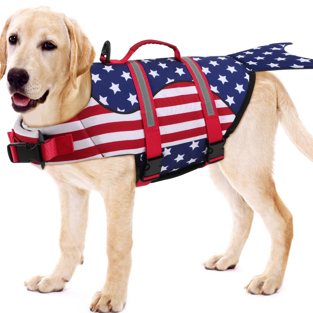 EMUST Dog Life Jacket for Large Dogs, Ripstop XL Pet Float Vest with Rescue Handle for Water at Pool, Beach, Boating (XL,MermaidStar) Image