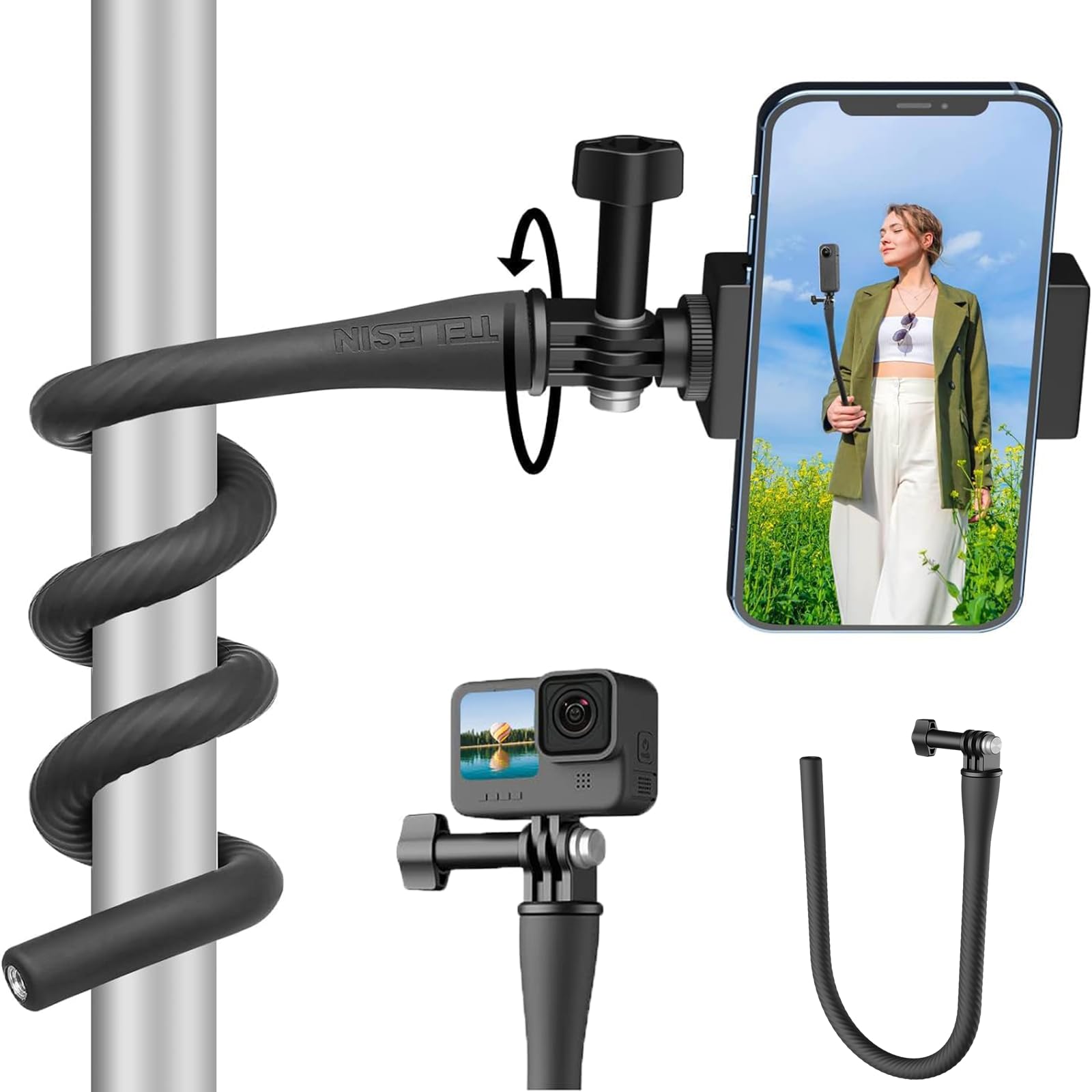 TELESIN Flexible Selfie Stick Monkey Tail Mount for GoPro Hero 13/12/11/10/9/8/7/6/5/Max/Mini Black, DJI OSMO Action, Insta360, iPhone Android Smartphones Mount Monopod, Action Camera Accessories