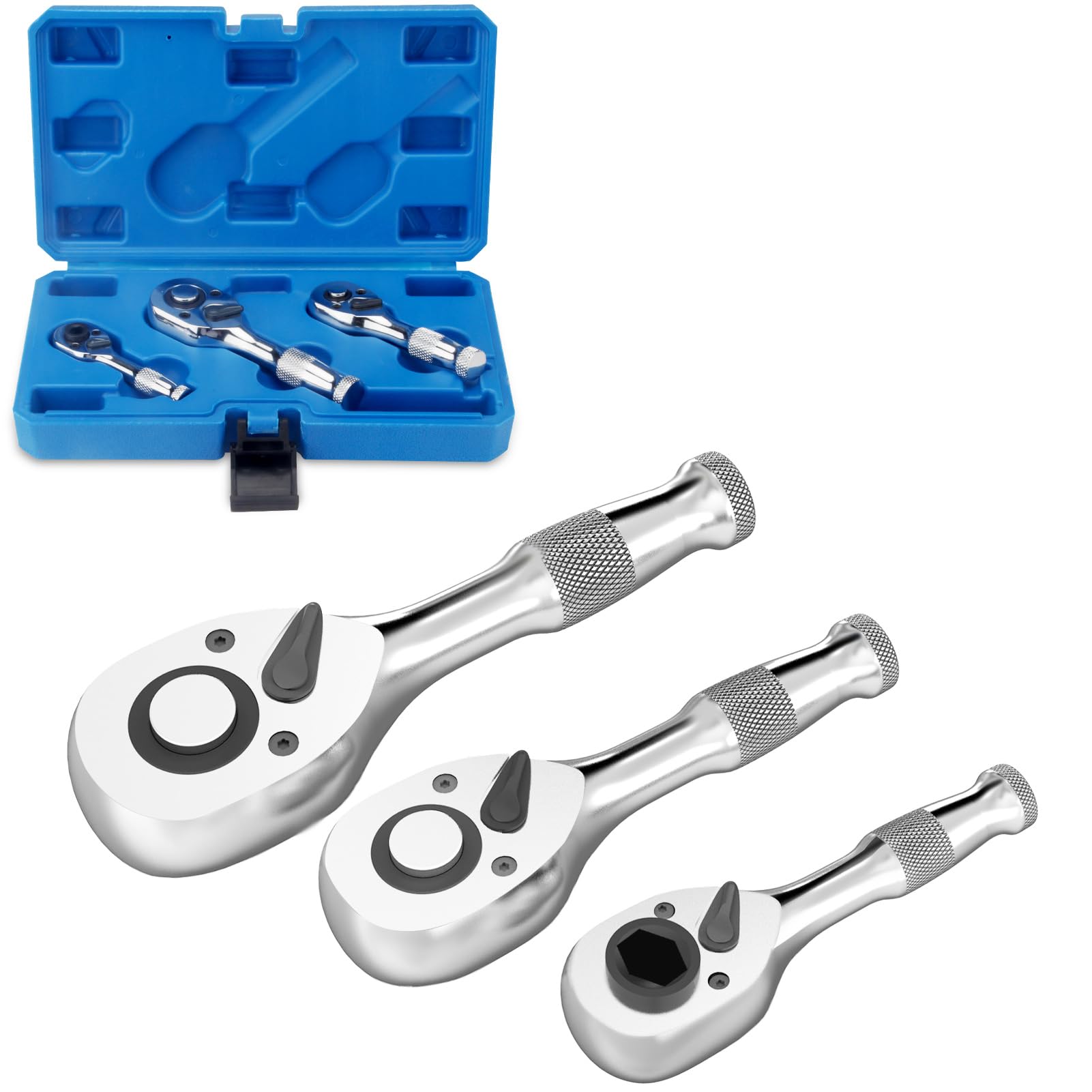BINGCOBBER Stubby Ratchet Handle Set 1/2" 3/8" 1/4" Square Drive 3-Piece 72-Tooth Mini Ratchet Wrenches with 1/4" Bit Driver