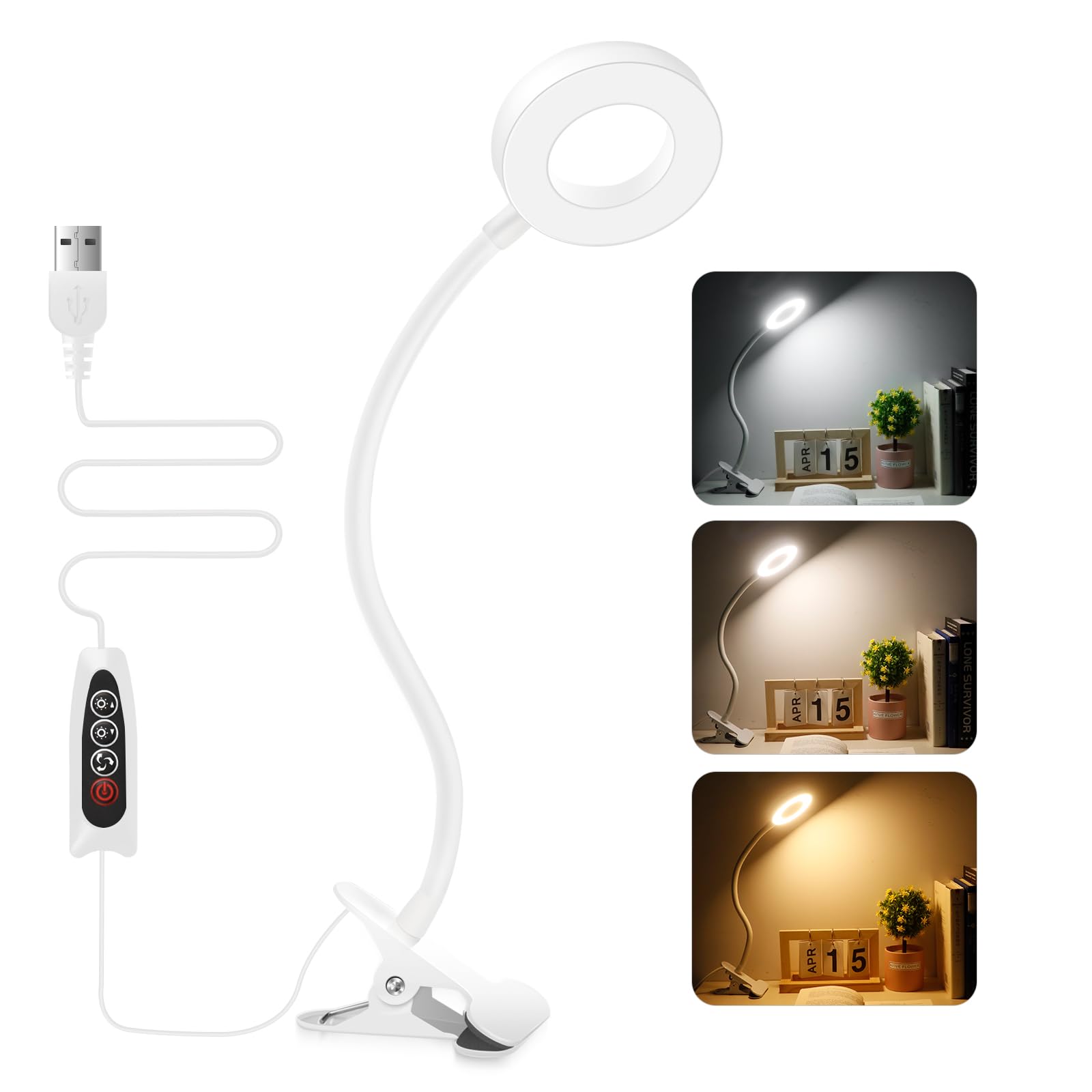 7W Clip On Reading Light Dimmable for Bed, 3 Colours & 10 Brightness, 48 LED Desk Lamp for Home Office, Flexible USB Clamp Bedside Lamp, Eye Caring LED Clip Desk Light for Craft Make Up, White