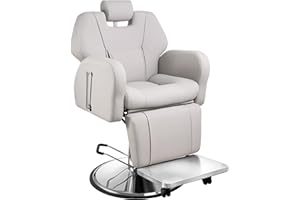 Baasha Gray Reclining Barber Chair, Comfortable Salon Seat with Soft PU Upholstery, Reclining Function, and Wide Base, Perfect for Styling or Braiding