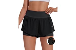 PINSPARK 2 in 1 Athletic Shorts for Women Biker Underneath Running Shorts High Waisted Gym Workout Short with 2 Side Pockets