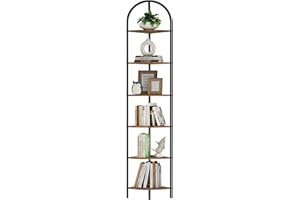 Homhedy 6-Tier Arched Corner Shelf Stand, Wall Corner Bookshelf with Metal Frame, Plant Stand, Industrial Storage Rack Shelf for Living Room, Bedroom, Office, Bathroom, Rustic Brown and Black