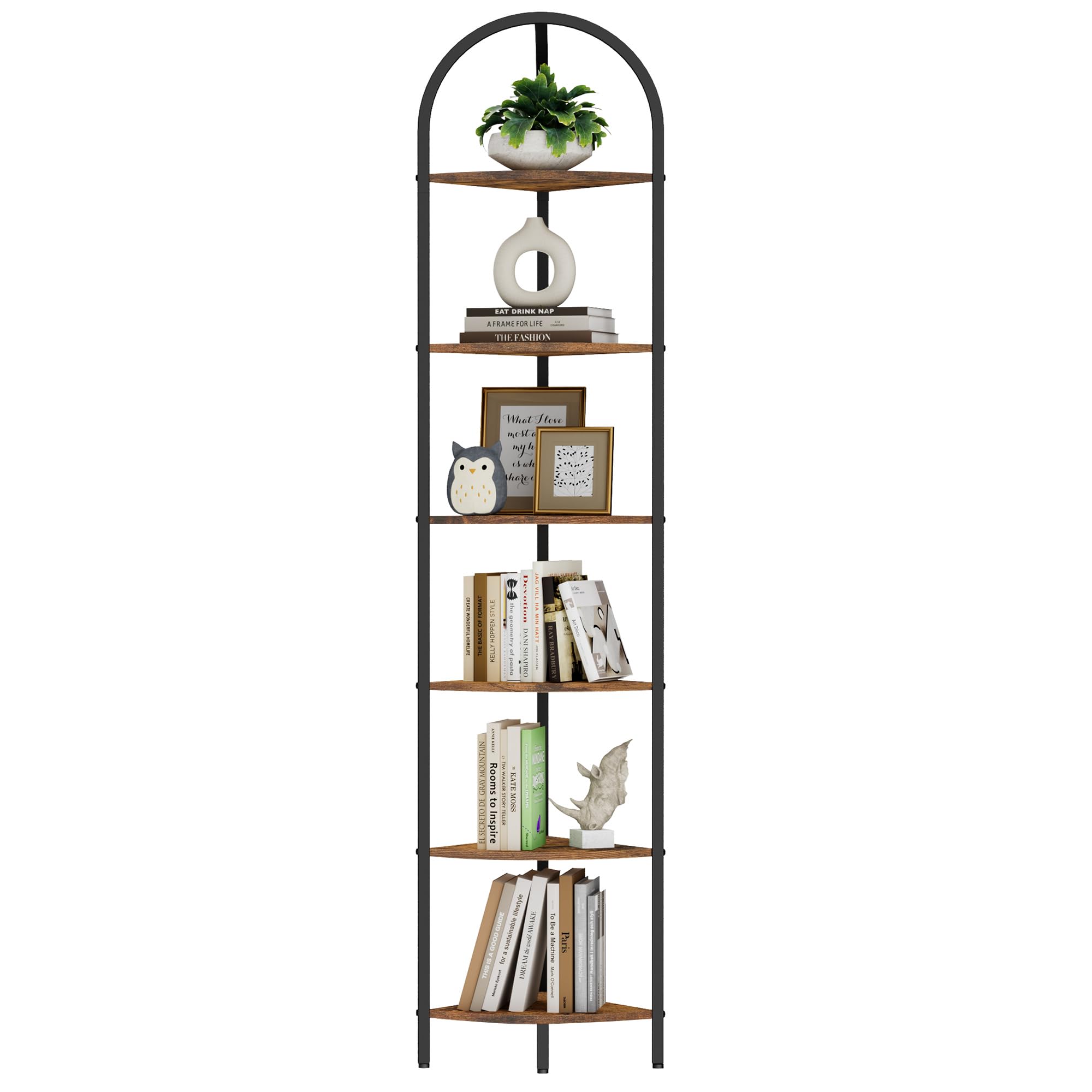Photo 1 of (used)(unknown if complete) Homhedy 6-Tier Arched Corner Shelf Stand, Wall Corner Bookshelf with Metal Frame, Plant Stand, Industrial Storage Rack