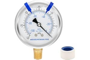 MEASUREMAN PRO 2.5'' Glycerin Filled Pressure Gauge, 30inHg-0 Vacuum,304 Stainless Steel Case, 1/4" NPT Lower Mount,for Air Conditioning Line, Tank, Air Pump, HVAC Test