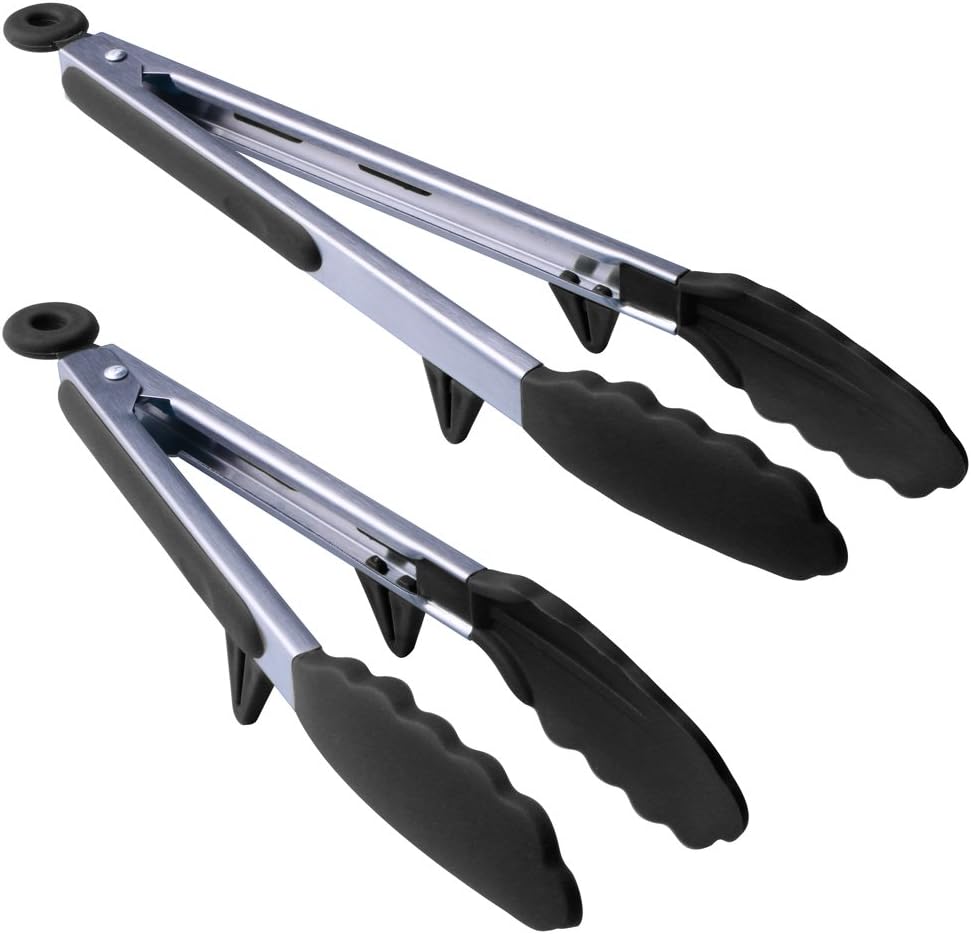 MANLEHOM Kitchen Tongs, Stainless Steel Heat Resistant Silicone Tongs with Built-in Stand for Cooking Food Serving Salad Barbecue Grill 23cm + 30cm Black