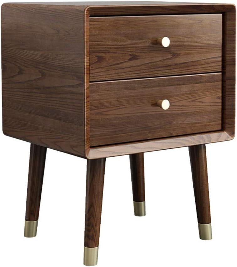 CXJC Bedside Table Nordic Mid Century Modern Solid Nightstand End Table With Brass Leg 2 Drawer For Living Room Bedroom Sofa 50 * 40 * 35CM A