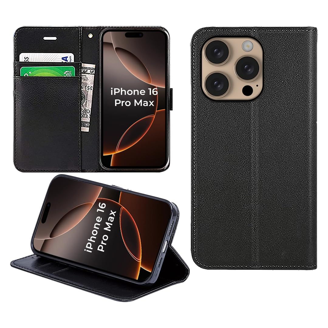 DN-Technology For iPhone 16 Pro Max Case Flip Wallet [Card Holder] [Magnetic Closure] [Kickstand] PU Leather Shockproof Phone Cover 6.9 inch (BLACK)