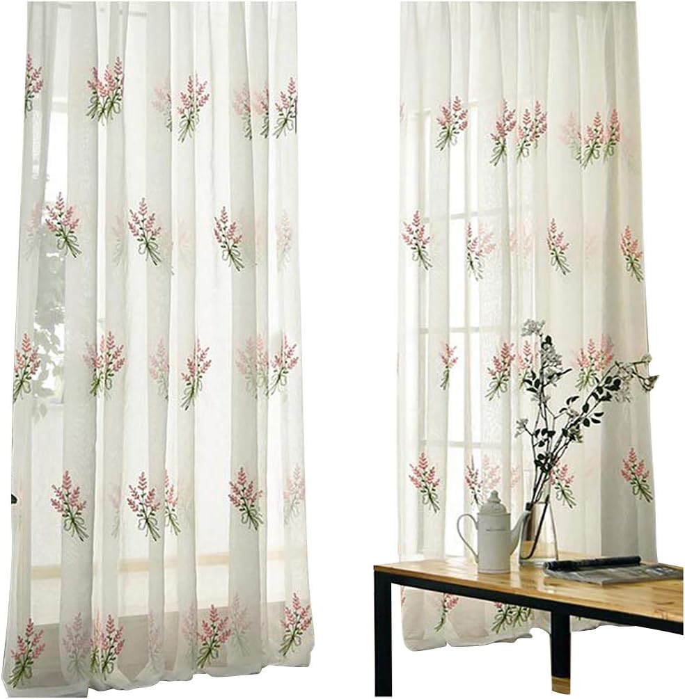 HooHero Natural Design Sheer Window Curtains Beautiful Flower Embroidered Rod Pocket Panel Window Treatments for Living Dining Room Kitchen Bedroom(1 Panel, W 50 x L 102 inch, Pink)