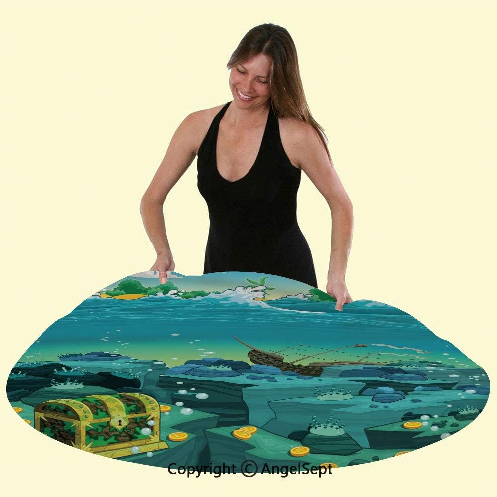 Elastic Edged Round Table Cover Tablecloth,Seascape Underwater with Treasure Galleon and Sunk Ship Pirate Kids Anti-Skid & Water Proof, Fits Tables Up to 48 inch Diameter,Teal Yellow
