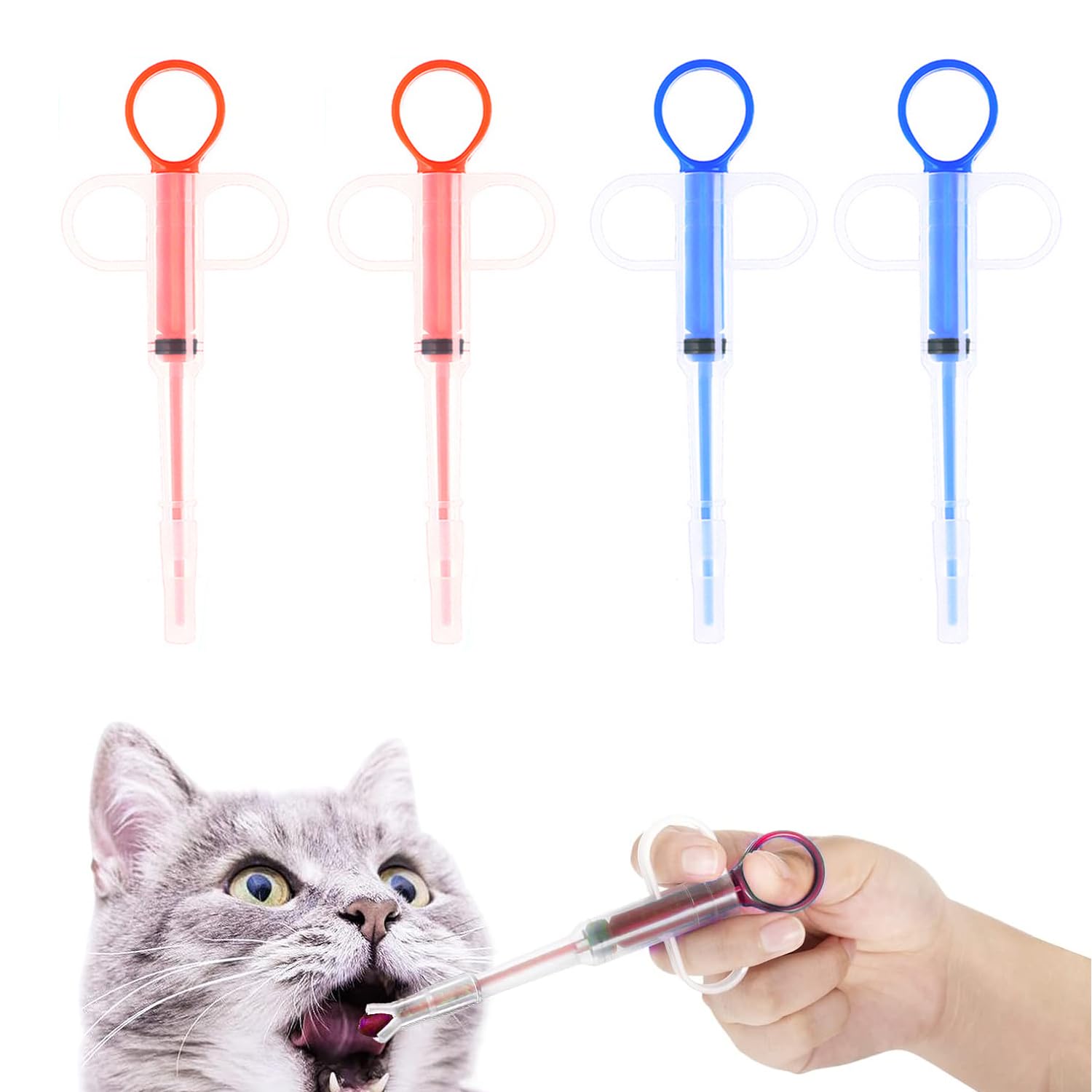 ZEACCT 4 Pcs Pet Medication Dispenser with Soft Silicone Tip, Easy-Use Pill Plunger for Dogs & Cats, Gentle Medicine Feeder Tool in Red & Blue, Veterinary Feeding Aid for Small Animals
