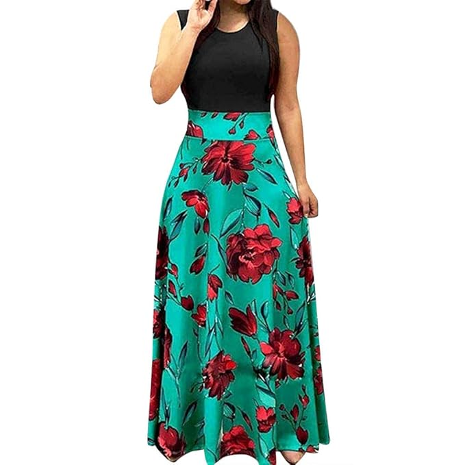 Sommerkleid Damen Gestreift Lange Boho Kleid, Rovinci Elegant High Waist Blumenmuster Kurzarm Strand Kleider Partykleid Casua