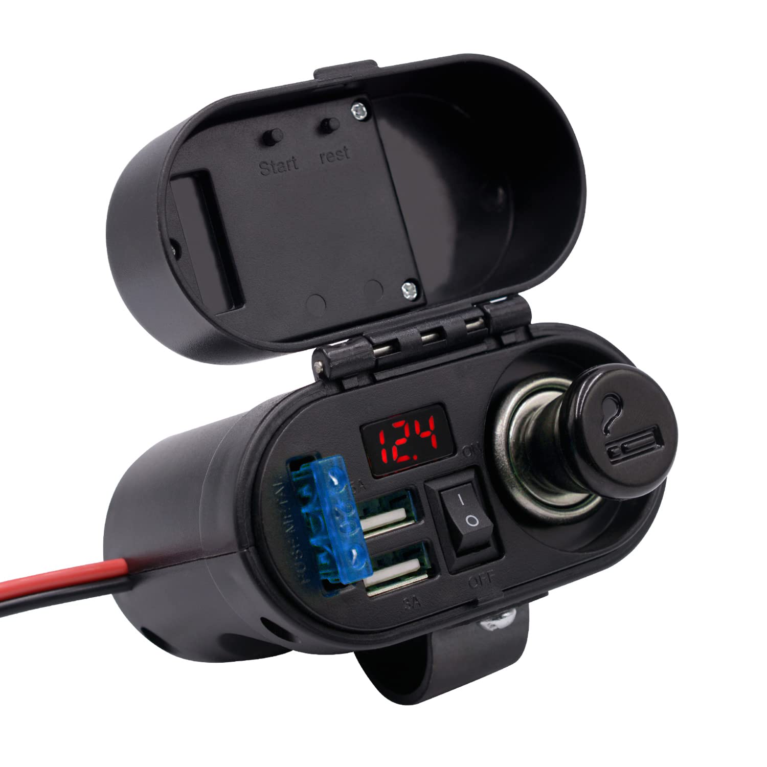 Photo 1 of BlueFire 5V/3A Dual USB Charger Socket Waterproof Motorcycle Handlebar & Rear View Mirror Clamp Power Adapter Charger with Cigarette Lighter Socket, Voltmeter for Phones/Tablets/GPS (Black 1)