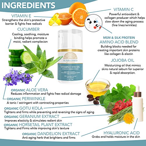 Vitamin C Eye Gel for Under Eye Bags Treatment Dark Circles Puffiness Wrinkles Crows Feet and Anti Aging Skin Care with Hyaluronic Acid Made in USA by SunBlessed Botanicals