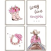 Western Cowgirl Wall Art Prints,Pink Western Cowgirl Boots Hats Wall Art for Cowboy Nursery Decor and Baby Girl Room Decor and Kids Room Decorations and Cowgirl Room Decor,Set of 4(8"x10"inch,Unframed).