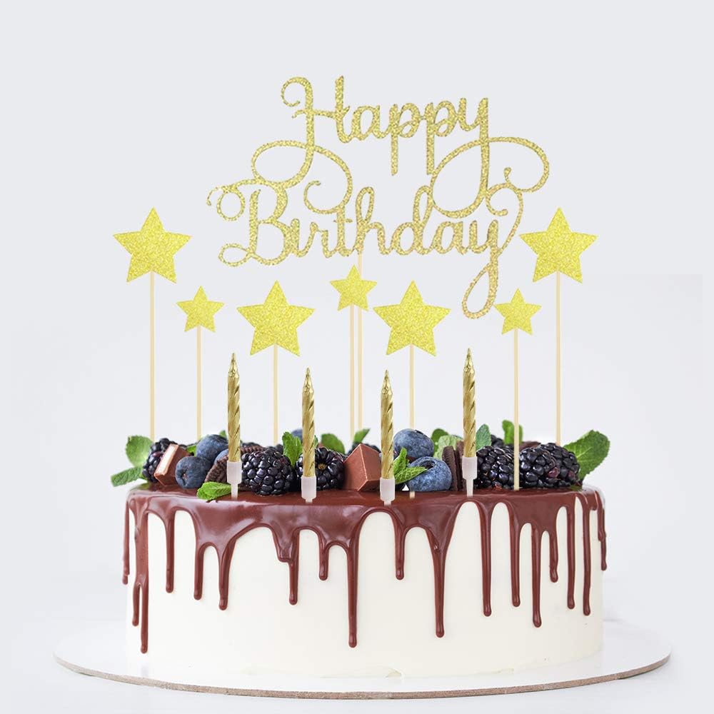 Lifreer Happy Birthday Cake Topper Gold Birthday Cake Decorations Cake Toppers Stars Cake Toppers with Gold Candles for birthday decoration - Image 5
