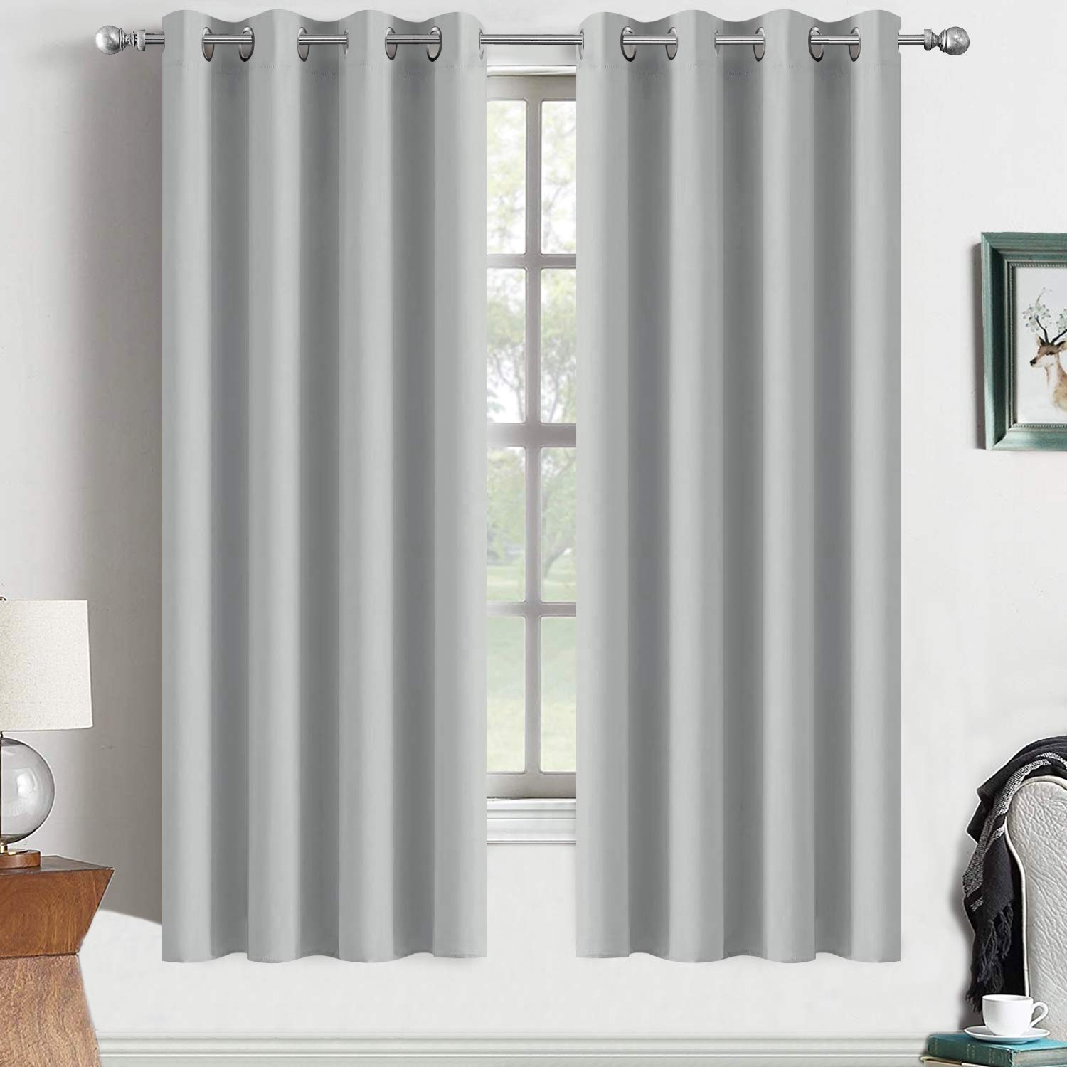 Yakamok Blackout Curtains, Room Darkening, Thermally Insulated, with Eyelets, for Living Room, 132 x 183 cm, Light Grey, Set of 2