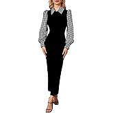 winkbay Women's Elegant Houndstooth Puff Sleeve Cocktail Dresses Collared Bodycon Maxi Business Casual Dress