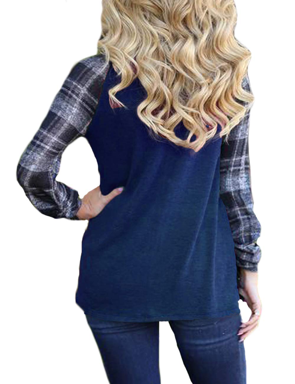 Eanklosco Women Long Sleeve Tops Plaid Patchwork Shirt Casual Round Neck Color Block Tunic Blouse (M, Blue)