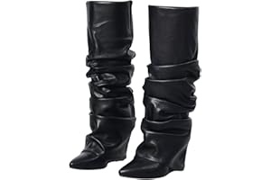 Yishaweiqi Slouched Ruched Fold Over Boots for Women Covered Wedge Heel Patent Leather Knee High Boots Wide Calf Pointed Toe Casual Boots