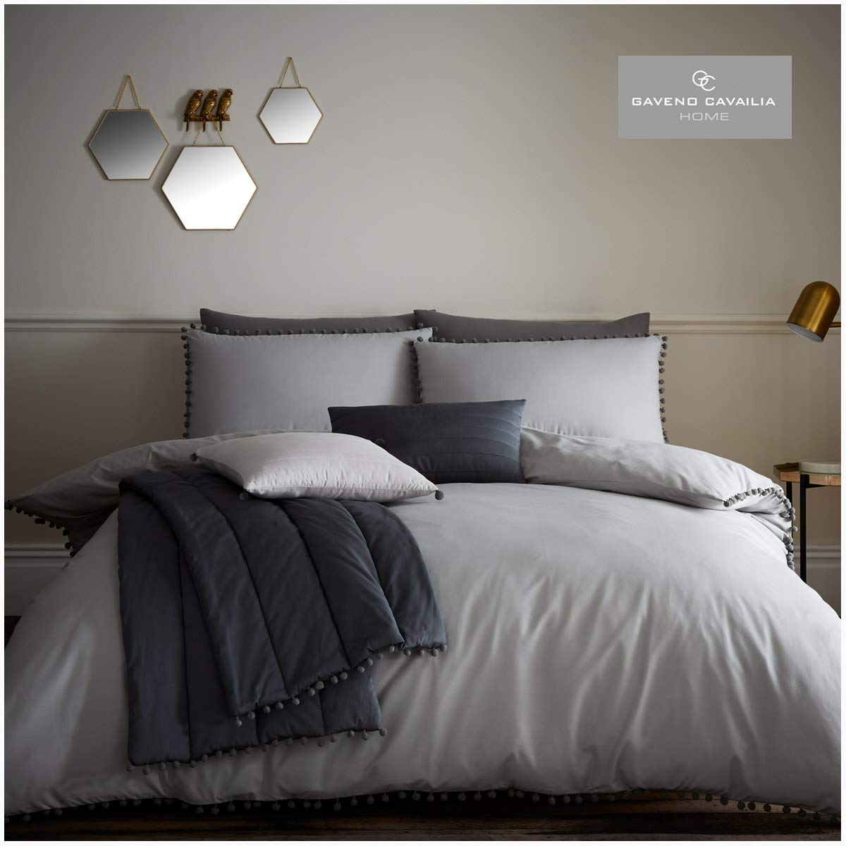 GC GAVENO CAVAILIA Pompom Design King Pom, Luxury Ornamental Round Tuft Bedding, Cotton Blend Bedlinen, Easy Care DuvetCover Bedset, Grey, Double Duvet Set