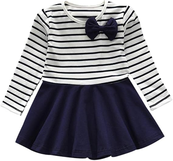 Amazon Suheti 女の子 ワンピース 長袖 ボーダー柄 ドッキングワンピース リボン付き キッズ 女の子 ワンピース チュニック 通販