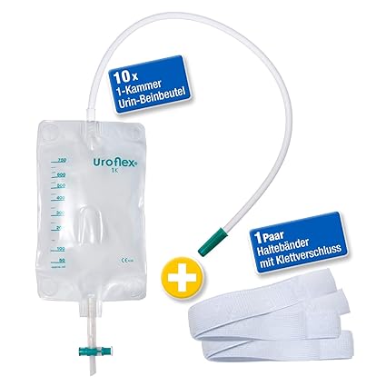 Uroflex® 1K Urin-Beinbeutel, 10 Stück + 1 Paar Haltebänder, 750 ml, 50 cm Schlauchlänge,