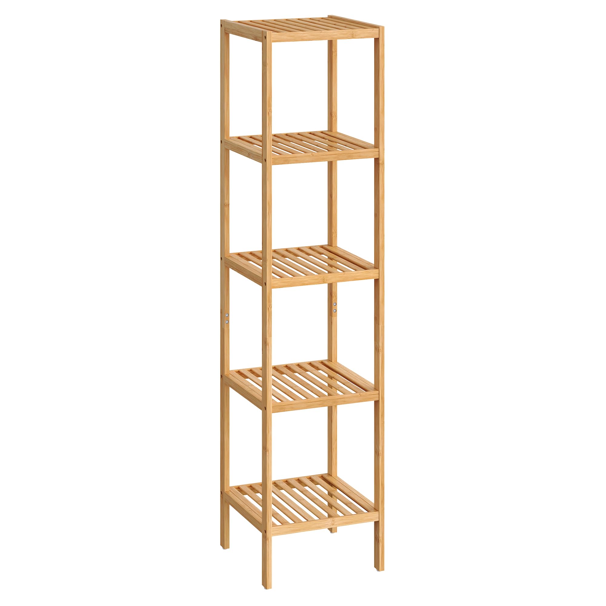 SONGMICS Bamboo Storage Shelf, 5-Tier Shelving Unit, Multifunctional, in the Entryway, Bathroom, Living Room, Balcony, Kitchen, 13 x 13 x 57.5 Inches, Light Bamboo UBCB55Y Image