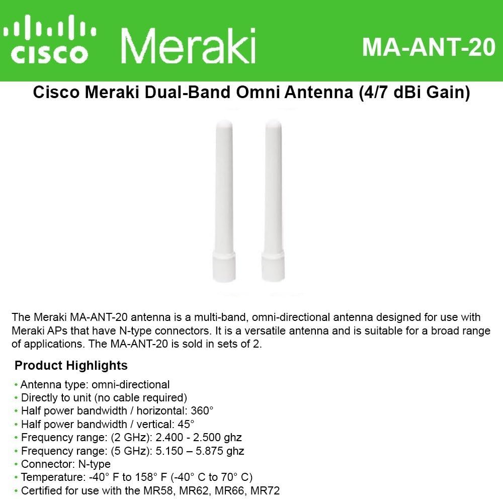 Cisco Meraki Dual-Band Omni Antenna 4/7 dBi for MR66 MR72 Access Points 2-Pack