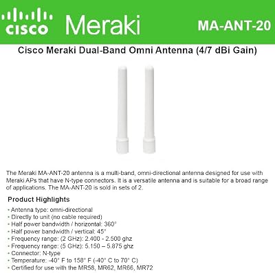 Cisco Meraki Dual-Band Omni Antenna 4/7 dBi for MR66 MR72 Access Points 2-Pack