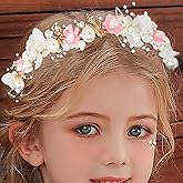 Campsis Wedding Flower Girl Headpiece, Pink Pearl Bridal Headband, Floral Crystal Prom Hair Accessories for Girls(Pink)