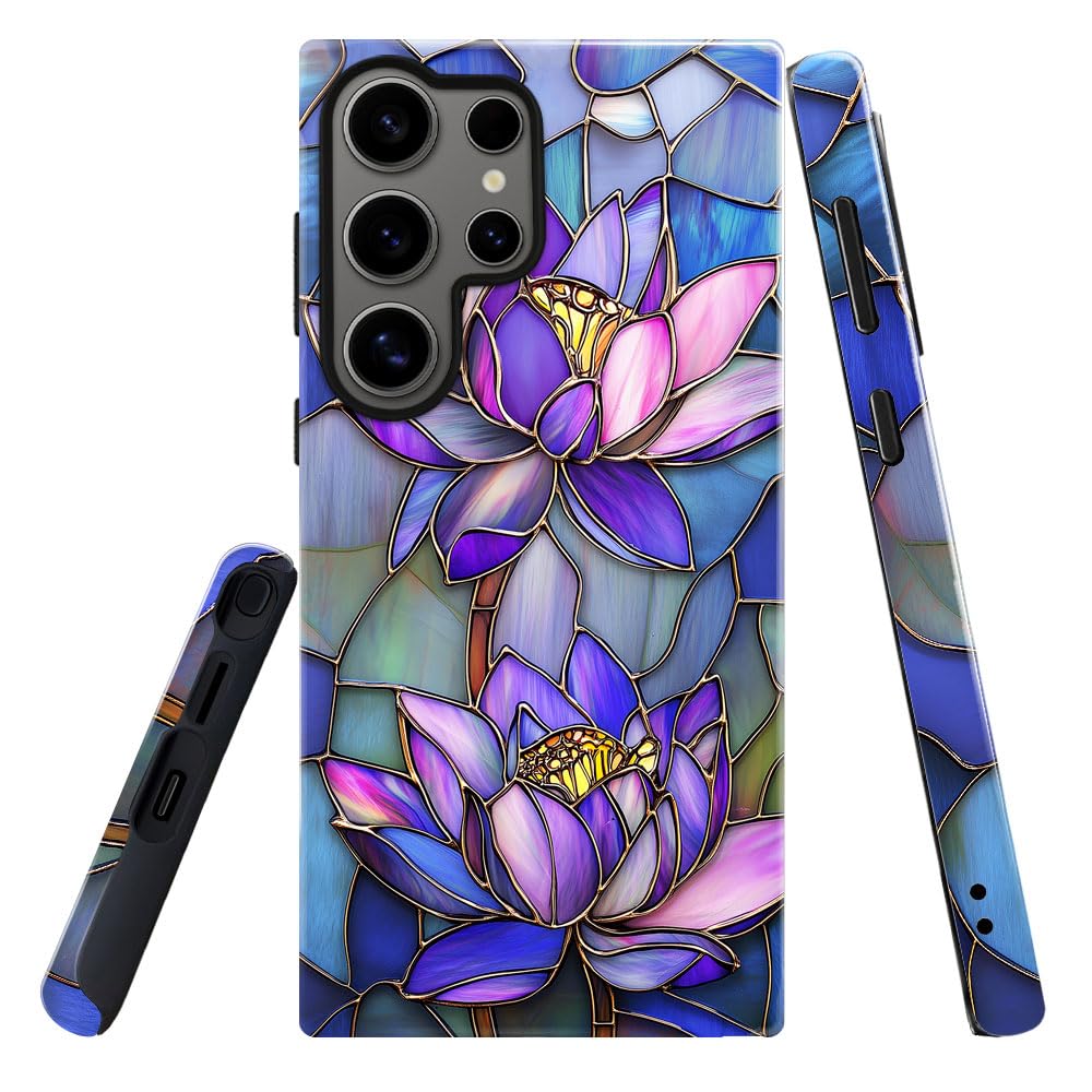 DAIZAG Case for Samsung Galaxy S24 Ultra,Military-Grade Protection Cover,Stained Glass Purple Lotus Flowers（Glossy）