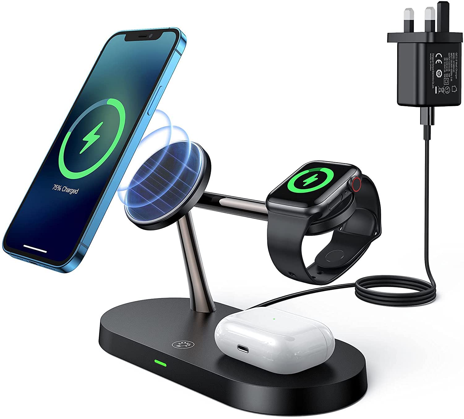 BeckenBower 5 in 1 Magnetic Wireless Charger with NIGHT LIGHT, 15W Fast QI Wireless Charging Station Stand Dock for Phone 13/12 Pro/Pro Max/Mini, Watch Series adapter)