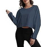MATEAM Womens Workout Tops Casual Sweatshirt Long Sleeve Cropped Plain t Shirts Crewneck Ladies Going Out Crop Loose Fit Fashion Clothing for Women Trendy Grey Blue M
