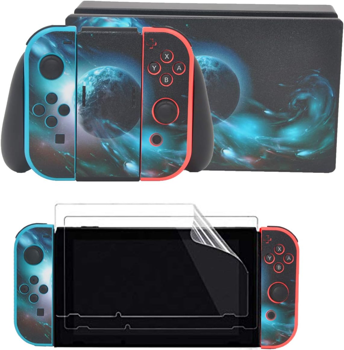 Taifond Full Set Faceplate Skin Decal Stickers for Nintendo Switch with 2Pcs Screen Protector (Console & Joy-con & Dock & Grip) -Cosmic Planet