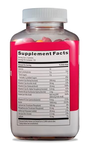 AMAZON BASICS WOMEN’S MULTIVITAMIN, MIXED BERRY FLAVOR, VEGETARIAN & GLUTEN-FREE, 300 GUMMIES (150 SERVINGS) (PREVIOUSLY SOLIMO)