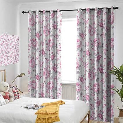 cortina oscurecedora con diseño de rosas y hojas grises para jardín