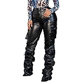 Sexy Women Faux Leather Leggings High Waisted Pleated Leather Tights Splits Hem Stacked Pants