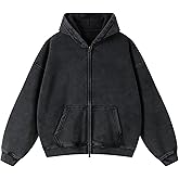 Wyeysyt Women Zip Up Hoodie Oversized Acid Wash Vintage Fleece Sweatshirt Heavyweight Cotton Casual Jackets(Black-L)