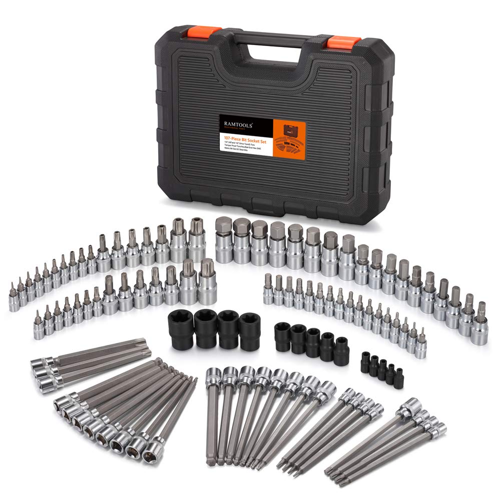 Photo 1 of RIMKOLO 107-Piece Allen and Torx Bit Socket Set, 1/4", 3/8" and 1/2" Drive Hex/Ball End Hex/Extra Long Tamper Proof Torx SAE & Metric Bit Set