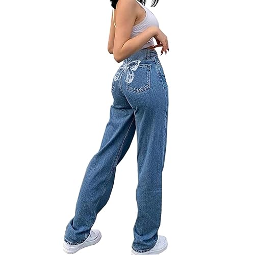 Baggy Jeans for Teen Girls Women Fashion Butterfly High Waisted