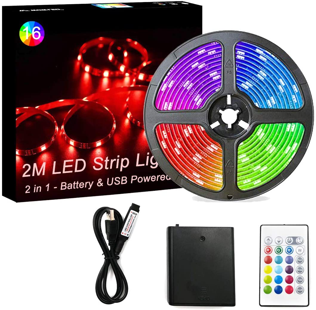 WOWLED RGB LED Strip Lights, 2M 60LEDs USB &Battery Operated 2 in 1 TV Backlights 5050 SMD Strip with RF Remote, Multi Colors USB Powered for Home Cabinet Party Decor 5V