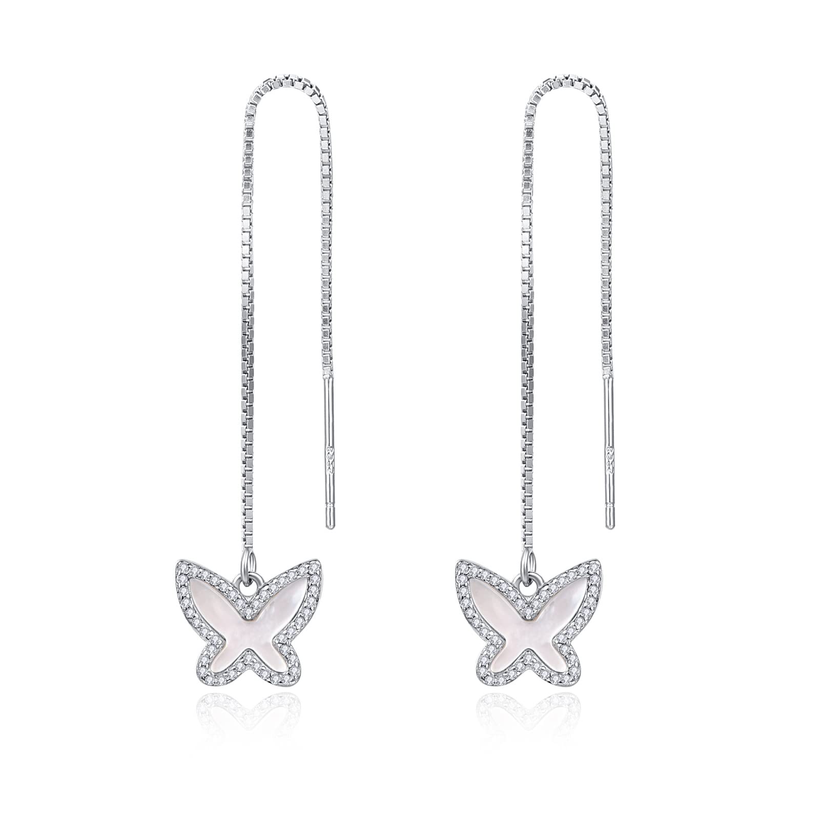 KINGWHYTE Butterfly Earrings 925 Sterling Silver Mother of Pearl Butterfly Earrings Tassel Threader Drop Earring for Women Girls Daughter