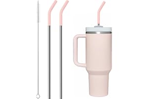 Bluwing Metal Straw with Silicone Tip for 40oz Stanley Cup, 2 Pcs Stainless Steel Straws Replacement for Stanley 40 oz 30 oz Adventure Quencher Travel Tumbler Cup, 1 Straw Brush (Light Pink)