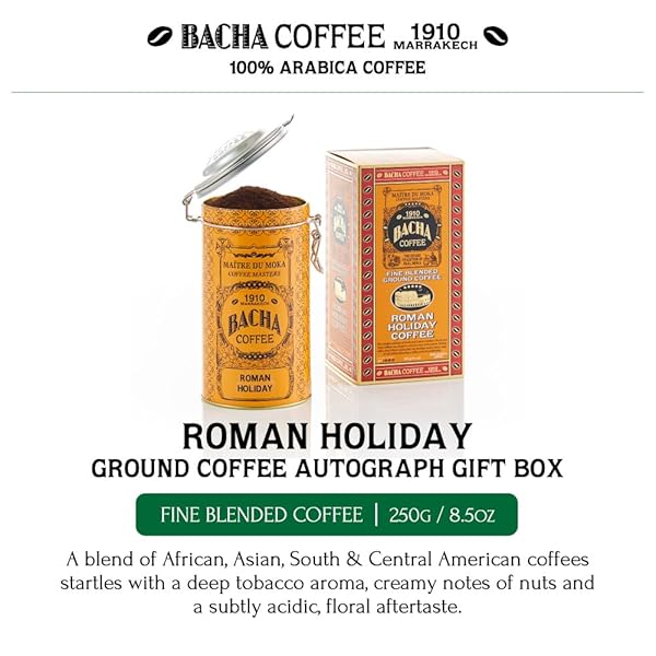 BACHA COFFEE | ROMAN HOLIDAY FINE BLENDED, GROUND BEANS, MEDIUM LIGHT ROAST, 100% ARABICA SPECIALTY COFFEE, 250G AUTOGRAPH COLLECTION, GIFT BOX